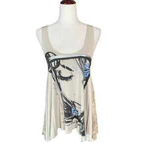 Vtg Y2K Loose Flowy Oversized Graphic Tank Top Womens M? Open Scoop Lace Back